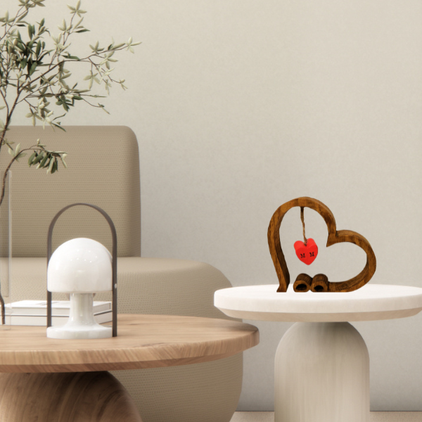 Cœur en chêne avec symbole infini et petit cœur rouge Personnalisable. SaMi CréaScions